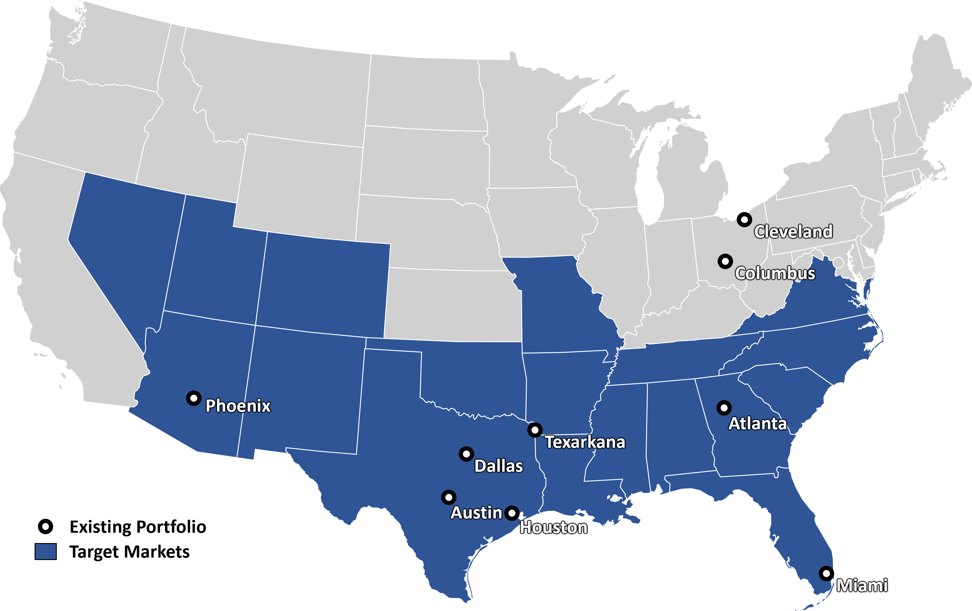 CAMCO target geography map showing Southwest and Southeast United States with existing portfolio locations in Phoenix, Dallas, Austin, Houston, Atlanta, Texarkana, Cleveland, Columbus, and Miami